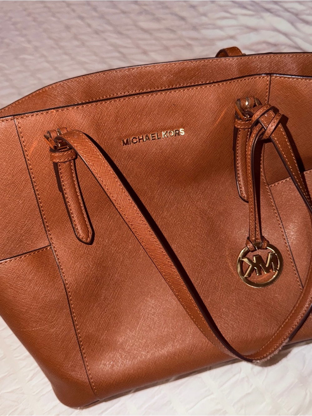 Michael Kors Cognac Saffiano Leather Tote with Gold MK Charm